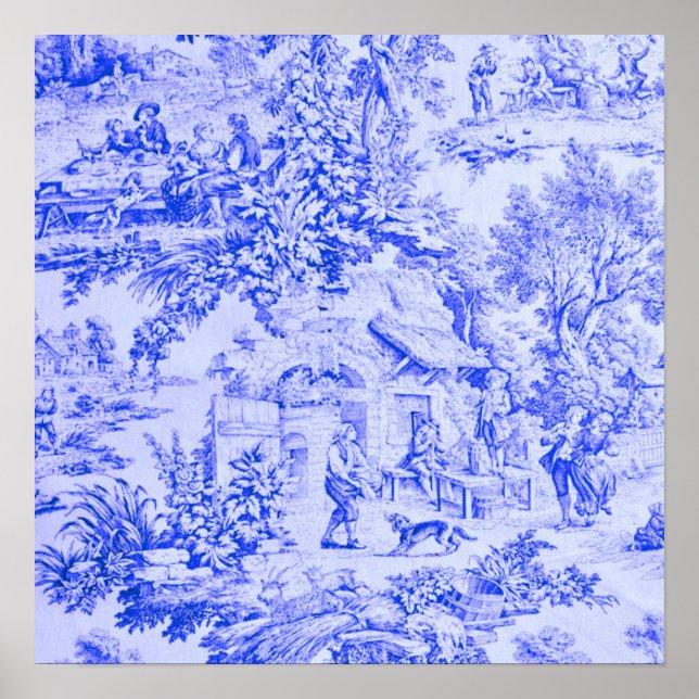 Affiche Chinoiserie Toile Blanc Bleu Français Style Rustiq (Devant)