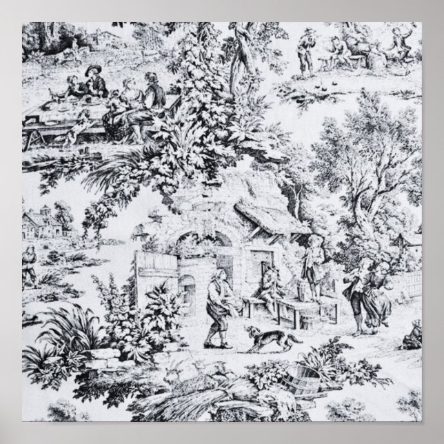 Affiche Chinoiserie Toile Noir Blanc Style Rustique (Devant)
