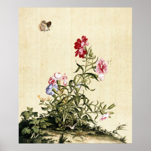 Affiche Chinoiserie Vintage Carnations & Papillon Art