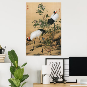 Affiche Chinoiserie Vintage Grues couronnées de rouge et r