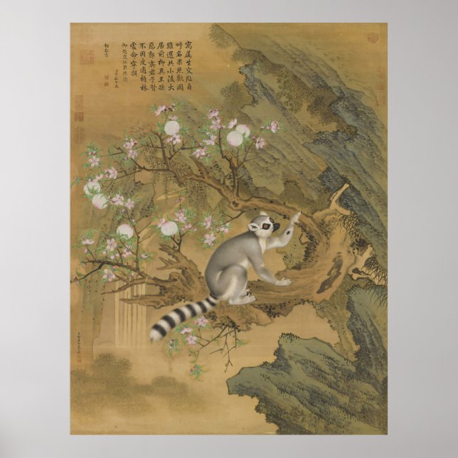 Affiche Chinoiserie Vintage Lémurien & Fleur de Pêcher (Devant)