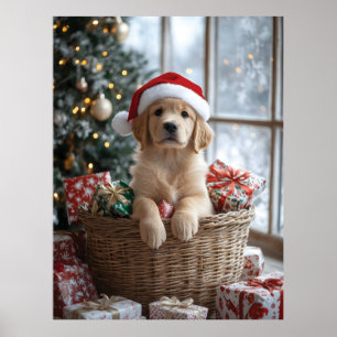 Affiche Chiot adorable avec chapeau de Père Noël dans le p