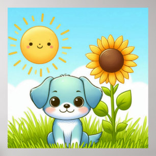 Affiche Chiot adorable avec tournesol et soleil souriant