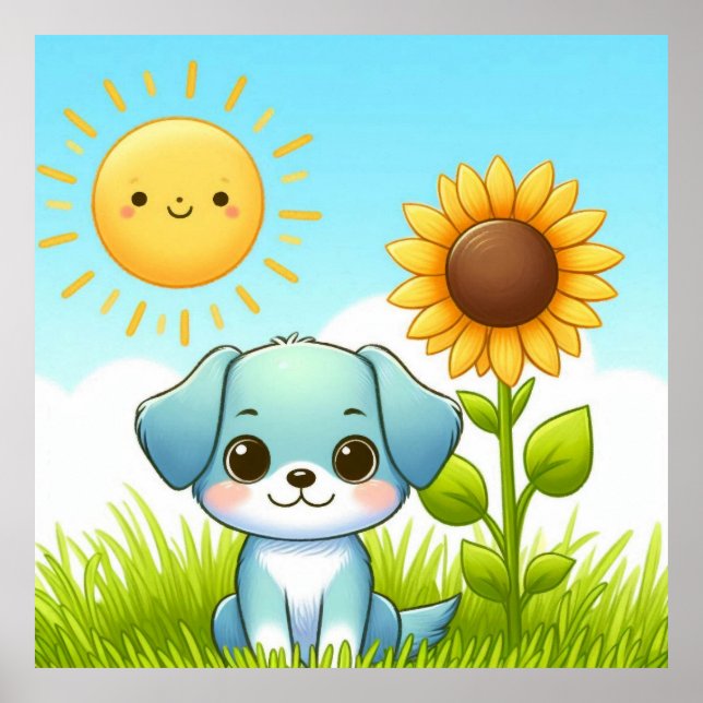 Affiche Chiot adorable avec tournesol et soleil souriant (Devant)