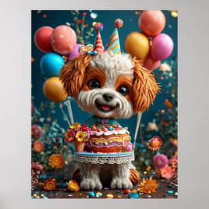 Affiche Chiot Adorable Célébrant un Anniversaire