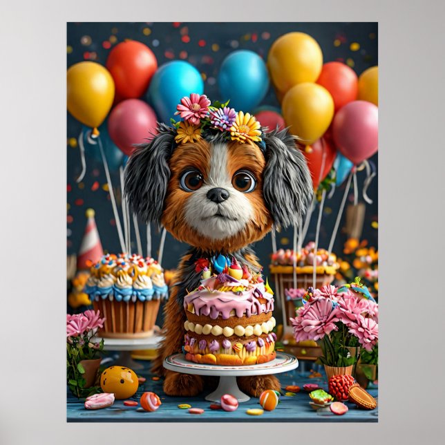 Affiche Chiot Adorable Célébrant un Anniversaire (Devant)