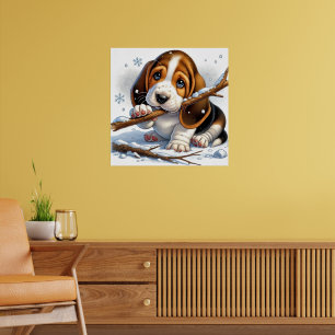 Affiche Chiot adorable tenant un bâton enneigé