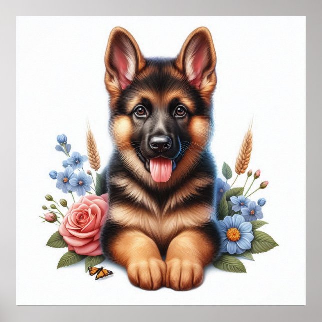 Affiche Chiot allemand jouant avec fleurs (Devant)