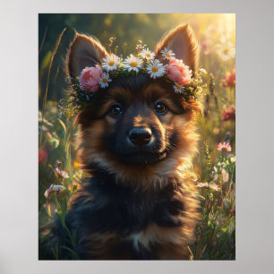 Affiche Chiot Berger Allemand avec une couronne de fleurs