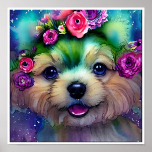 Affiche Chiot blanc mignon avec des fleurs dans la tête