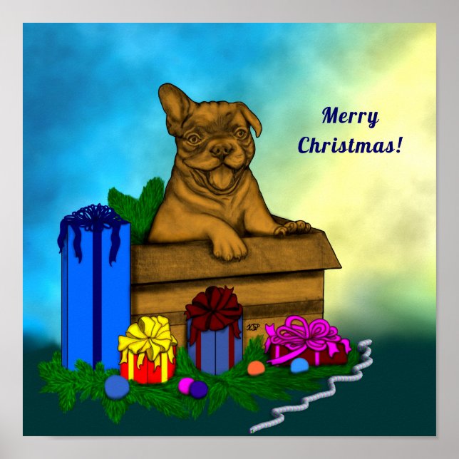 Affiche Chiot dans une boîte, Joyeux Noël (Devant)