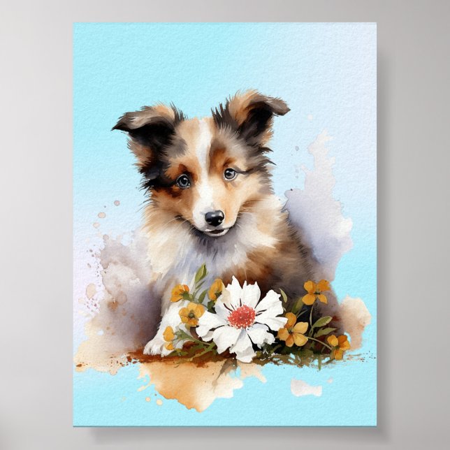 Affiche Chiot de berger des Shetland Animal peinture à l'a (Devant)