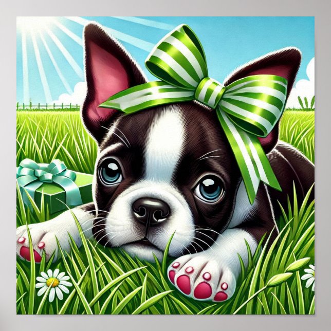 Affiche Chiot de Boston Terrier avec Bow vert (Devant)