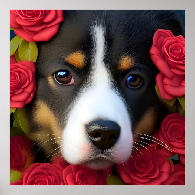 Affiche Chiot de Corgi en roses rouges (Devant)