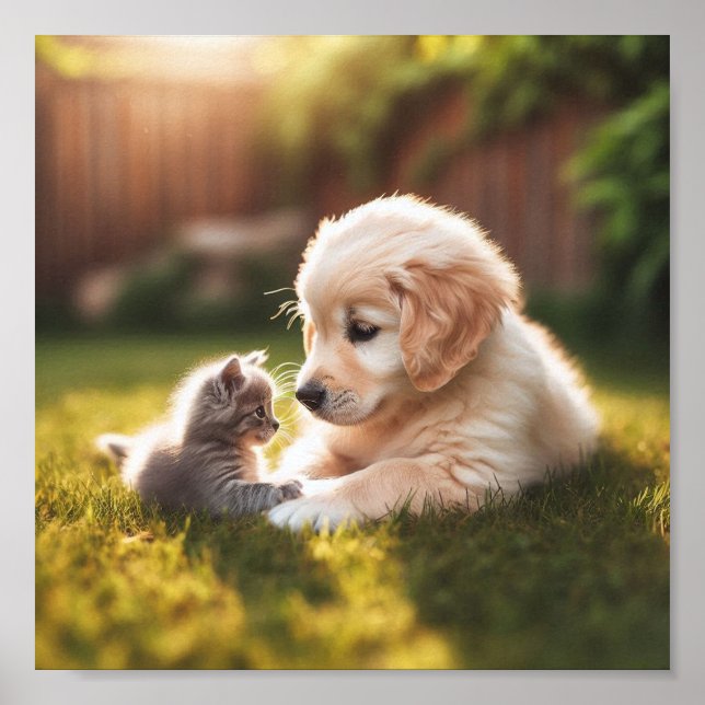 Affiche Chiot Golden Retriever avec chaton (Devant)
