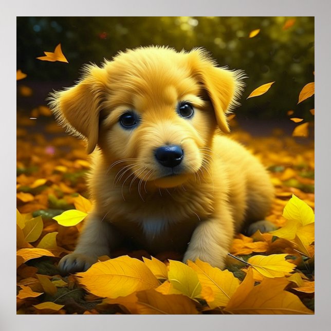 Affiche Chiot jaune du Labrador jouant dans les feuilles d (Devant)