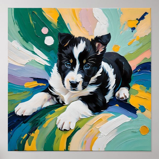 Affiche Chiot joueur dans une explosion de couleurs – Abst (Devant)