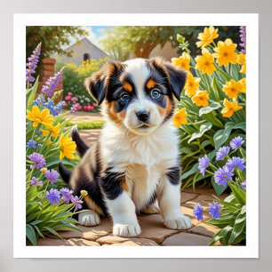 Affiche Chiot Mignon avec des Fleurs