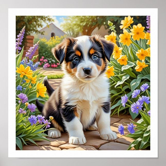 Affiche Chiot Mignon avec des Fleurs (Devant)