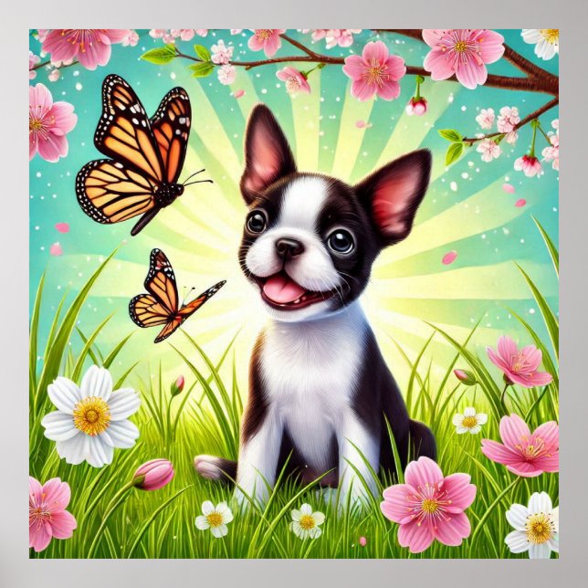 Affiche Chiot mignon avec fleurs et papillons (Devant)