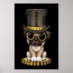 Affiche Chiot mignon de carlin de Steampunk, noir