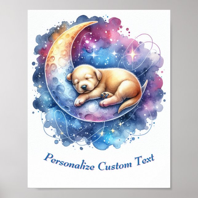 Affiche Chiot Mignon Personnalisé Endormi sur la Lune (Devant)