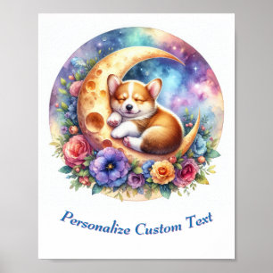 Affiche Chiot Mignon Personnalisé Endormi sur la Lune