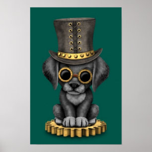 Affiche Chiot noir mignon de laboratoire de Steampunk,