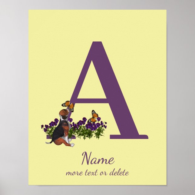 Affiche Chiots Beagle Papillons Monogramme Initiale A Nom  (Devant)