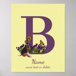 Affiche Chiots Beagle Papillons Monogramme Initiale B Nom