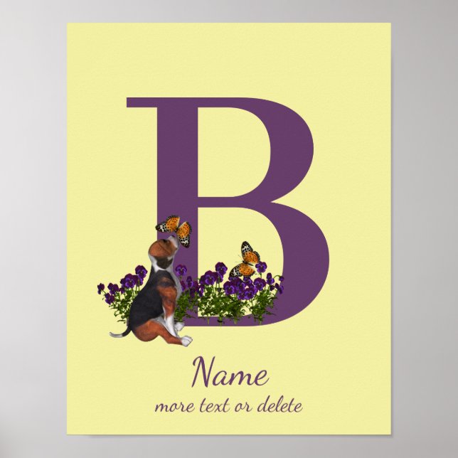 Affiche Chiots Beagle Papillons Monogramme Initiale B Nom  (Devant)