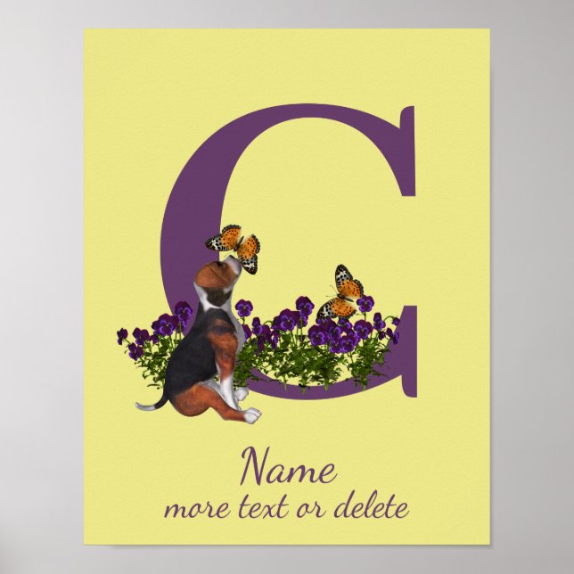 Affiche Chiots Beagle Papillons Monogramme Initiale C Nom  (Devant)