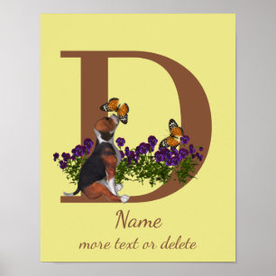 Affiche Chiots Beagle Papillons Monogramme Initiale D Nom