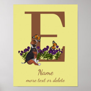 Affiche Chiots Beagle Papillons Monogramme Initiale E Nom