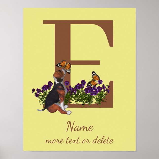 Affiche Chiots Beagle Papillons Monogramme Initiale E Nom  (Devant)