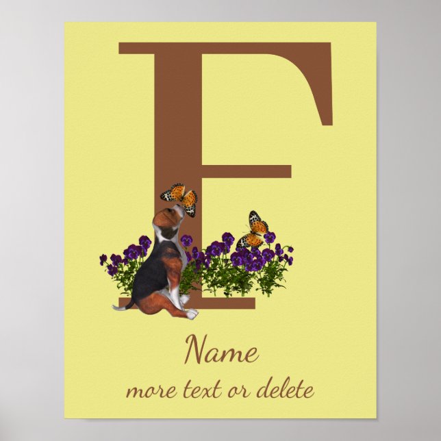 Affiche Chiots Beagle Papillons Monogramme Initiale F Nom  (Devant)