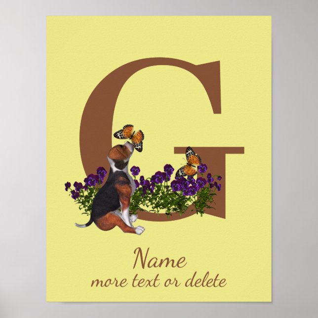 Affiche Chiots Beagle Papillons Monogramme Initiale G Nom  (Devant)