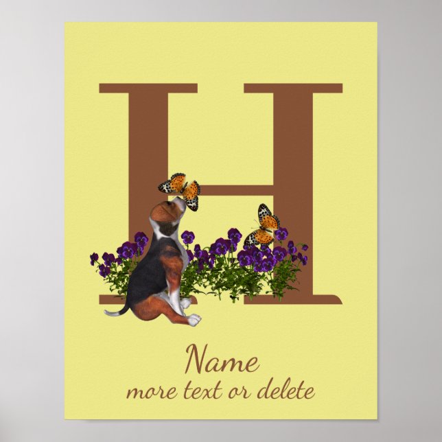 Affiche Chiots Beagle Papillons Monogramme Initiale H Nom  (Devant)