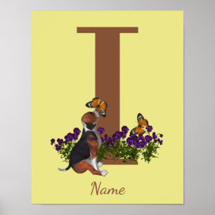 Affiche Chiots Beagle Papillons Monogramme Initiale I Nom