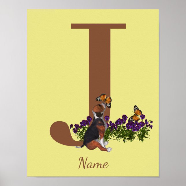 Affiche Chiots Beagle Papillons Monogramme Initiale J Nom  (Devant)