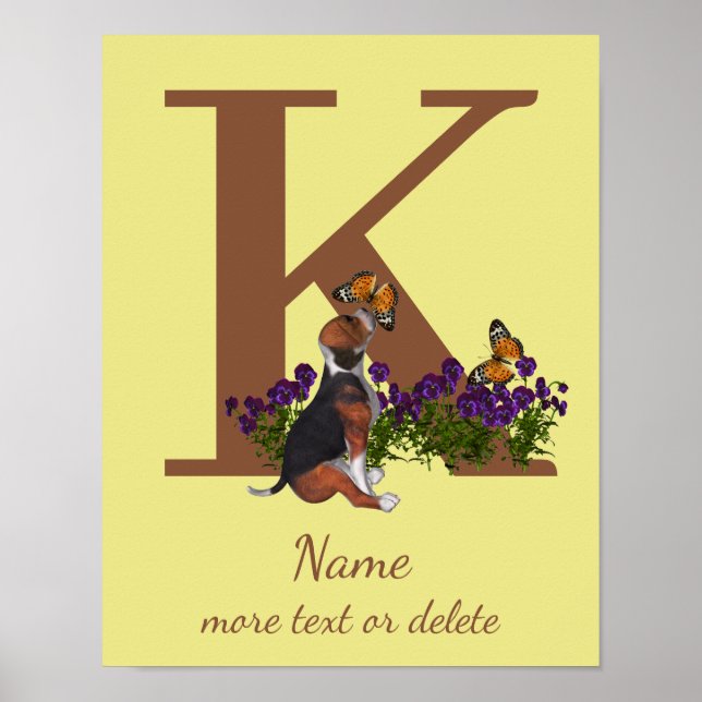 Affiche Chiots Beagle Papillons Monogramme Initiale K Nom  (Devant)