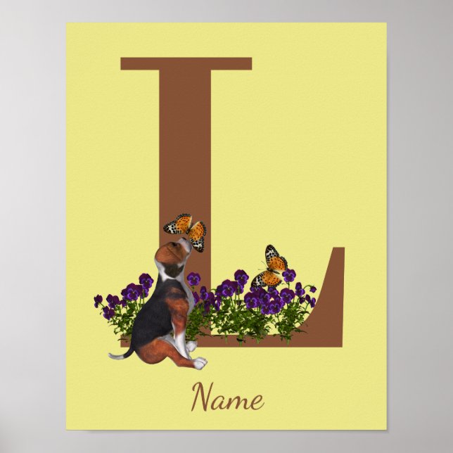 Affiche Chiots Beagle Papillons Monogramme Initiale L Nom  (Devant)