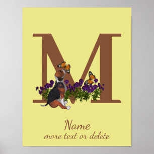 Affiche Chiots Beagle Papillons Monogramme Initiale M Nom