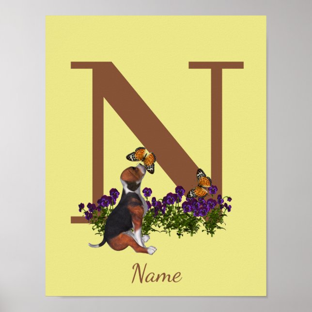 Affiche Chiots Beagle Papillons Monogramme Initiale N Nom  (Devant)
