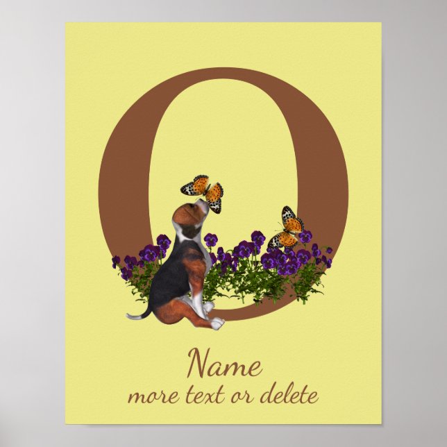 Affiche Chiots Beagle Papillons Monogramme Initiale O Nom  (Devant)