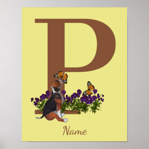 Affiche Chiots Beagle Papillons Monogramme Initiale P Nom