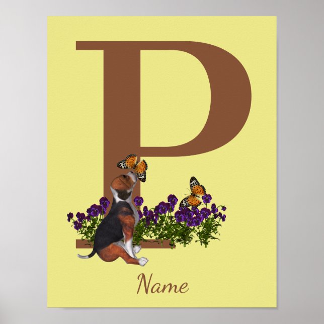 Affiche Chiots Beagle Papillons Monogramme Initiale P Nom  (Devant)