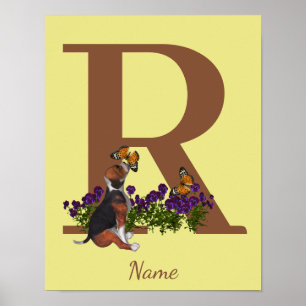 Affiche Chiots Beagle Papillons Monogramme Initiale R Nom
