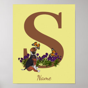 Affiche Chiots Beagle Papillons Monogramme Initiale S Nom