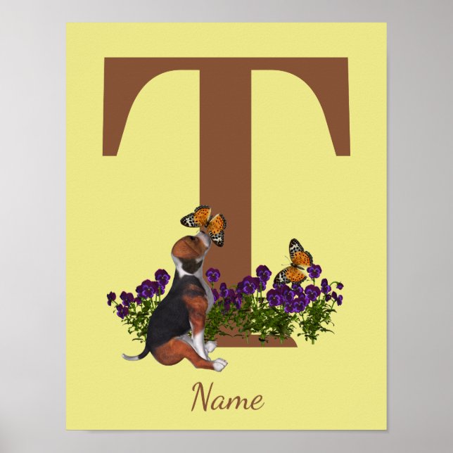 Affiche Chiots Beagle Papillons Monogramme Initiale T Nom  (Devant)